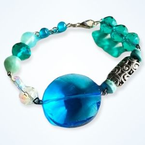 Hand Crafted Glass, Turquoise, Silver Tone and Amazonite Beaded Bracelet
